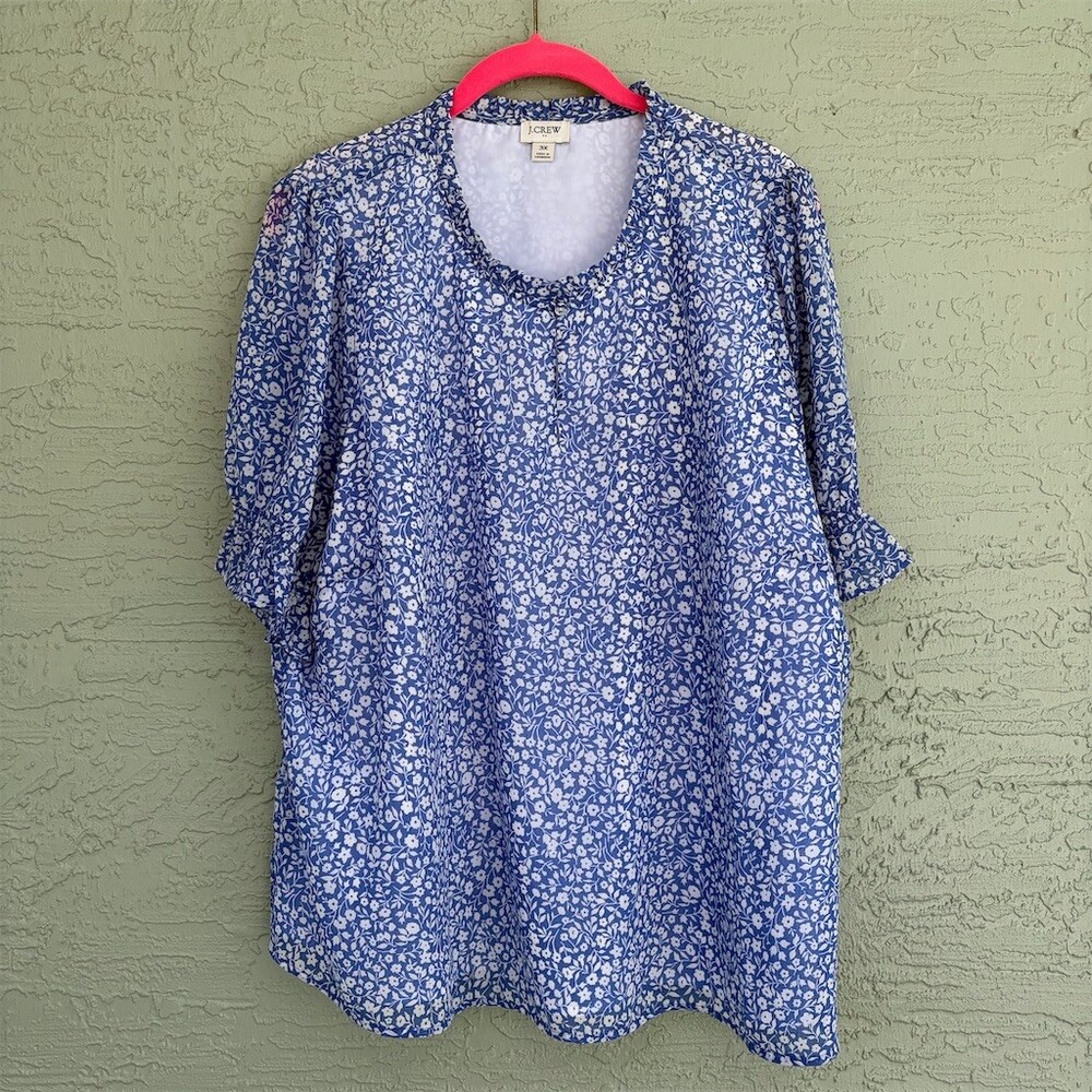 J.Crew Blouse Womens 3XL Plus Blue & White Floral Ruffle 3/4 Sleeve Top